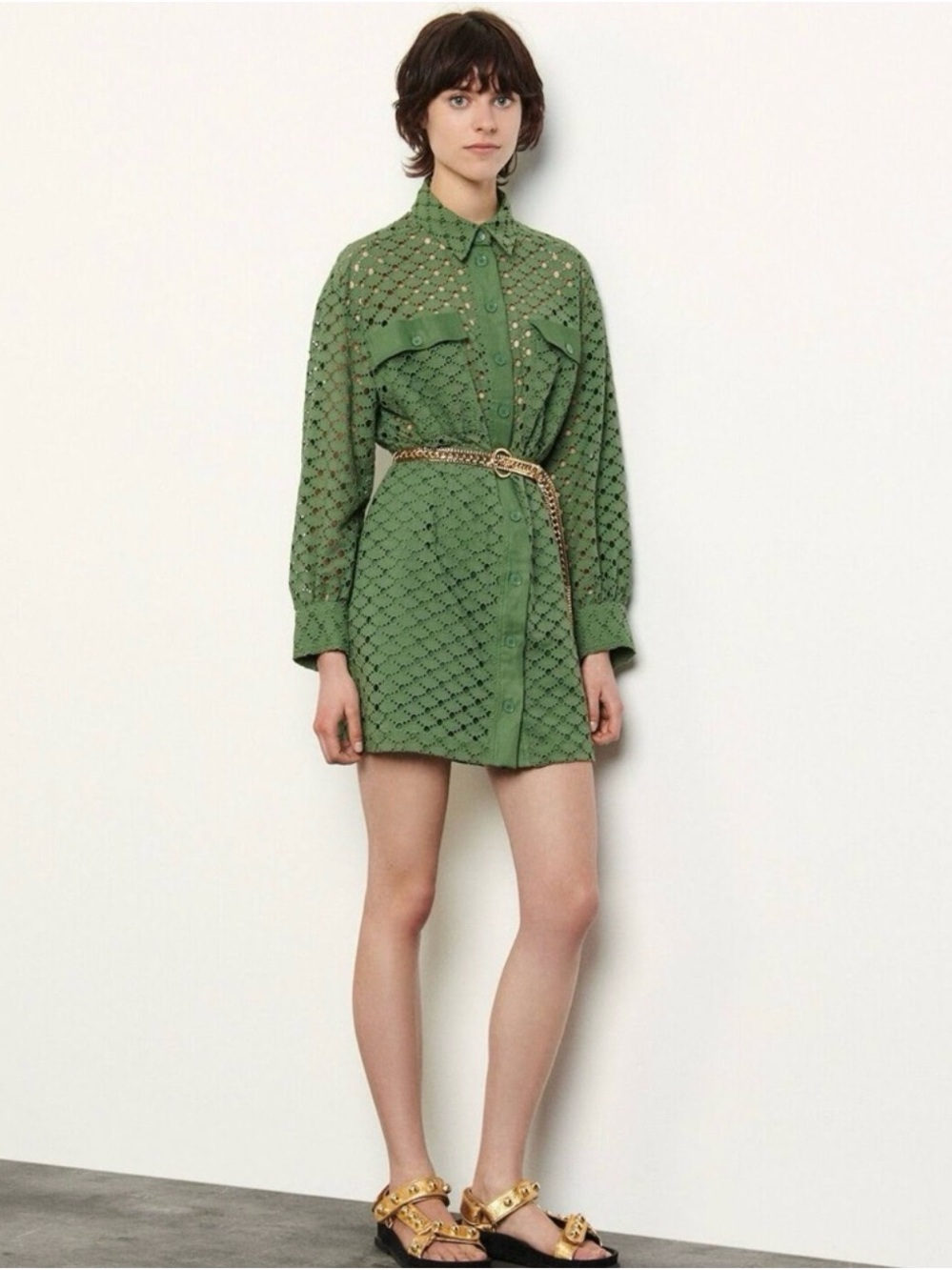 🔥 Sandro Paris "Shera" Green Broderie Anglaise Dress - Size 1 (US 4 / S)